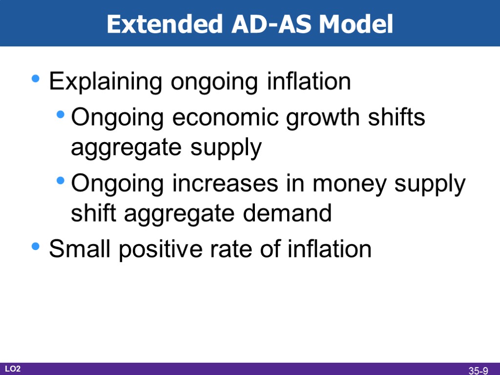 Extended AD-AS Model Explaining ongoing inflation Ongoing economic growth shifts aggregate supply Ongoing increases